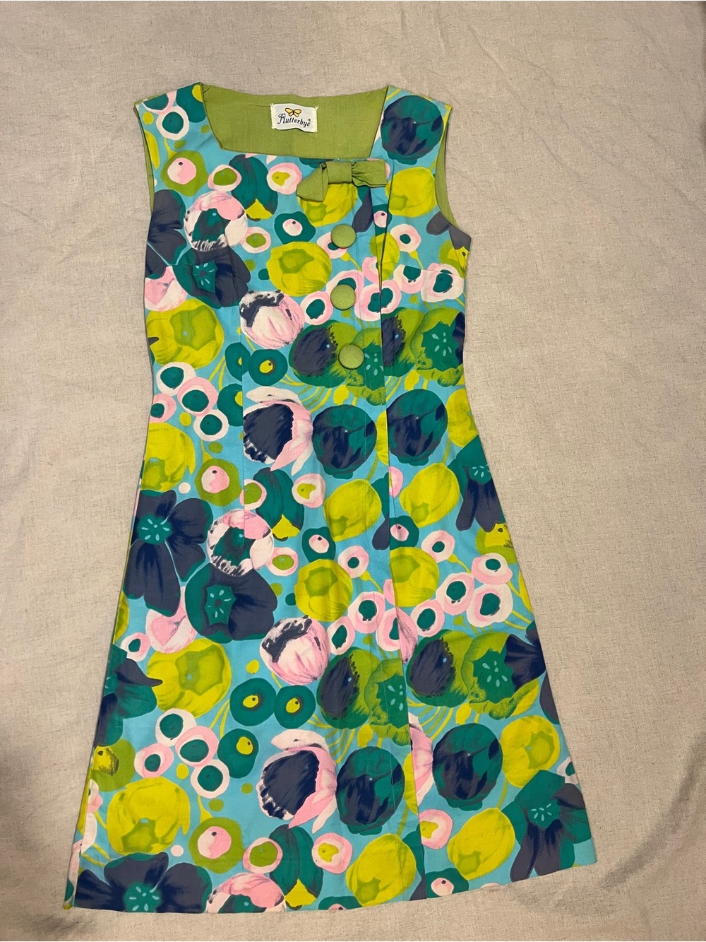 Vintage 1960s Flutterbye Mod Floral Shift Mini Dress Blue Green Pink XS/S